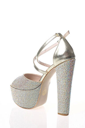 Kadın Moda Şık Gold Kristal Full Taş Topuklu Düğün Nişan Gece Abiye Ayakkabısı