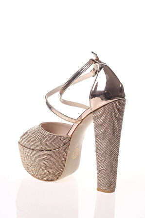 Kadın Moda Şık Gold Kristal Full Taş Topuklu Düğün Nişan Gece Abiye Ayakkabısı