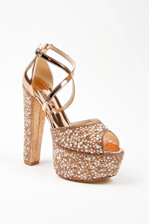 Kadın Moda Şık Gold Ayna Full Inci Düğün Nişan Gece Abiye Ayakkabısı