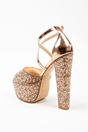 Kadın Moda Şık Gold Ayna Full Inci Düğün Nişan Gece Abiye Ayakkabısı