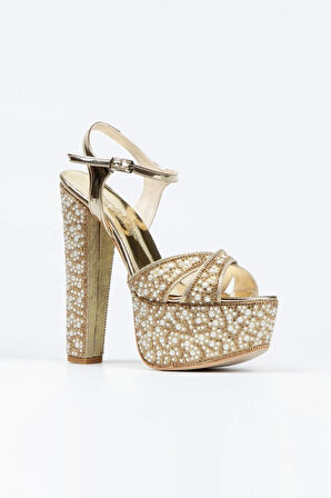 Kadın Moda Ayna Full Inci Taşlı Çapraz Klasik Topuklu Platformlu Düğün Nişan Gece Abiye Ayakkabısı