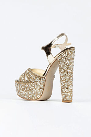 Kadın Moda Ayna Full Inci Taşlı Çapraz Klasik Topuklu Platformlu Düğün Nişan Gece Abiye Ayakkabısı