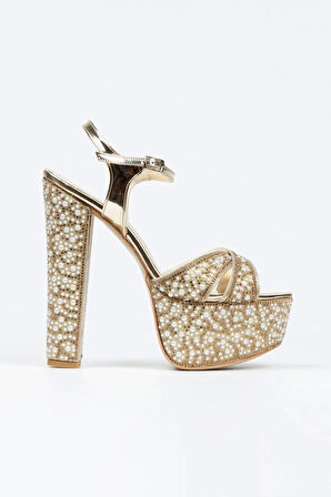 Kadın Moda Ayna Full Inci Taşlı Çapraz Klasik Topuklu Platformlu Düğün Nişan Gece Abiye Ayakkabısı