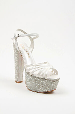 Kadın Moda Şık Sedef Cilt Çapraz Ökçe Poli Inci Düğün Nişan Gece Abiye Ayakkabısı