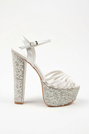 Kadın Moda Şık Sedef Cilt Çapraz Ökçe Poli Inci Düğün Nişan Gece Abiye Ayakkabısı