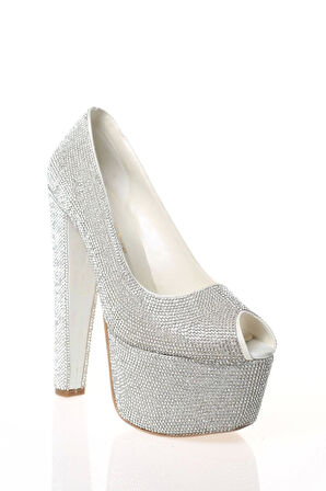 Kadın Moda Şık Gümüş Full Taş Yüksek Topuk Topuklu Düğün Nişan Gece Abiye Ayakkabısı