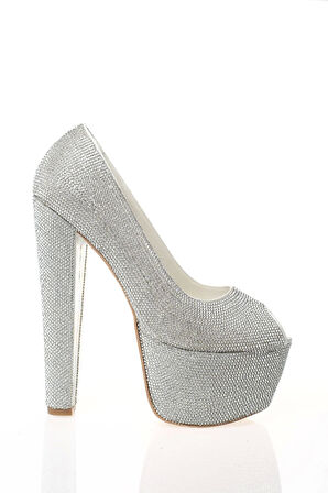 Kadın Moda Şık Gümüş Full Taş Yüksek Topuk Topuklu Düğün Nişan Gece Abiye Ayakkabısı