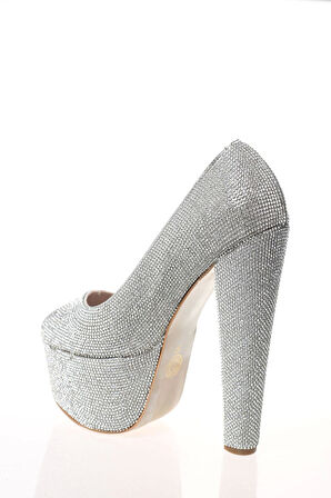 Kadın Moda Şık Gümüş Full Taş Yüksek Topuk Topuklu Düğün Nişan Gece Abiye Ayakkabısı