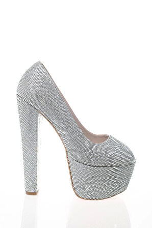 Kadın Moda Şık Gümüş Full Taş Yüksek Topuk Topuklu Düğün Nişan Gece Abiye Ayakkabısı