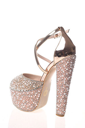 Kadın Moda Şık Gold Ayna Full Inci Taş Topuklu Düğün Nişan Gece Abiye Ayakkabısı