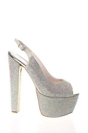 Kadın Moda Şık Gold Full Taş Yüksek Topuk Topuklu Düğün Nişan Gece Abiye Ayakkabısı