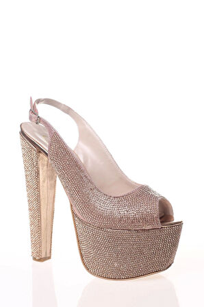 Kadın Moda Şık Gold Full Taş Yüksek Topuk Topuklu Düğün Nişan Gece Abiye Ayakkabısı