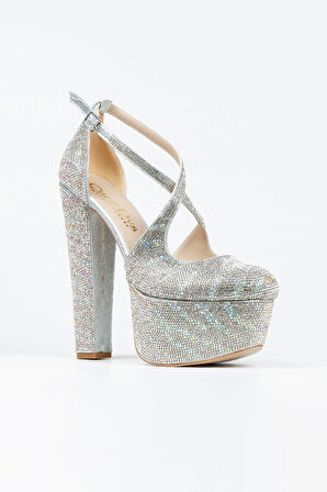 Kadın Sultan Çift Renk Taşlı Klasik Topuklu Platformlu Topuklu Düğün Nişan Gece Abiye Ayakkabısı