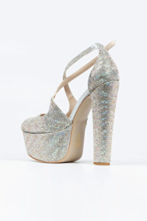 Kadın Sultan Çift Renk Taşlı Klasik Topuklu Platformlu Topuklu Düğün Nişan Gece Abiye Ayakkabısı