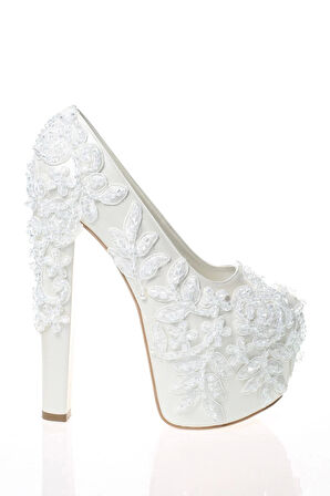 Kadın Moda Beyaz Sedef Inci Taş Işlemeli Gelin Ayakkabı Topuklu Düğün Nişan Gece Abiye Ayakkabısı