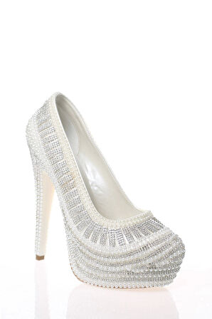 Kadın Moda Şık Sedef İnci Taş İşlemeli Gelin Ayakkabı Topuklu Düğün Nişan Gece Abiye Ayakkabısı