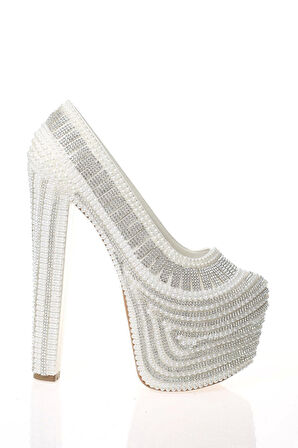 Kadın Moda Beyaz Sedef İnci Taş İşlemeli Gelin Ayakkabı Topuklu Düğün Nişan Gece Abiye Ayakkabısı