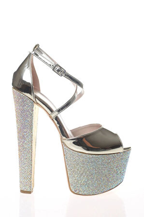 Kadın Moda Şık Gold Ayna Ökçe Poli Taş Yüksek Topuk Topuklu Düğün Nişan Gece Abiye Ayakkabısı