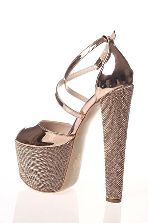 Kadın Moda Şık Gold Ayna Ökçe Poli Taş Yüksek Topuk Topuklu Düğün Nişan Gece Abiye Ayakkabısı