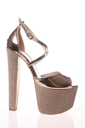 Kadın Moda Şık Gold Ayna Ökçe Poli Taş Yüksek Topuk Topuklu Düğün Nişan Gece Abiye Ayakkabısı