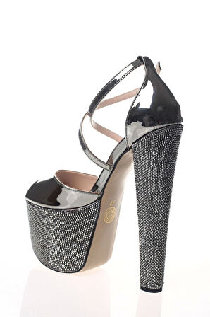 Kadın Moda Şık Gold Ayna Ökçe Poli Taş Yüksek Topuk Topuklu Düğün Nişan Gece Abiye Ayakkabısı