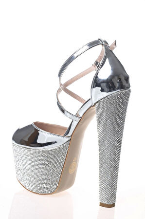 Kadın Moda Şık Gold Ayna Ökçe Poli Taş Yüksek Topuk Topuklu Düğün Nişan Gece Abiye Ayakkabısı