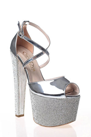 Kadın Moda Şık Gold Ayna Ökçe Poli Taş Yüksek Topuk Topuklu Düğün Nişan Gece Abiye Ayakkabısı