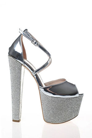 Kadın Moda Şık Gold Ayna Ökçe Poli Taş Yüksek Topuk Topuklu Düğün Nişan Gece Abiye Ayakkabısı