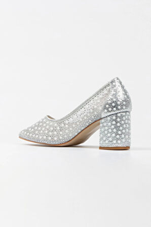 Kadın Moda Şık Gümüş Tül Inci Taşlı Klasik Düğün Nişan Gece Abiye Ayakkabısı