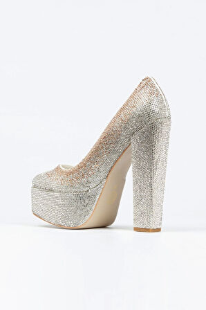 Kadın Moda Gold Sultan Çift Renk Taşlı Klasik Köşe Kalıplı Topuklu Düğün Nişan Gece Abiye Ayakkabısı