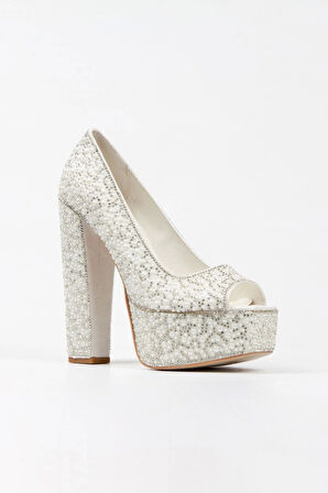 Kadın Moda Gold Sultan Full Inci Taşlı Klasik Köşe Kalıplı Kalın Düğün Nişan Gece Abiye Ayakkabısı