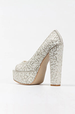 Kadın Moda Gold Sultan Full Inci Taşlı Klasik Köşe Kalıplı Kalın Düğün Nişan Gece Abiye Ayakkabısı