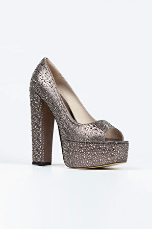 Kadın Moda Şık Gümüş Sultan Taşlı Klasik Köşe Kalıplı Kalın Düğün Nişan Gece Abiye Ayakkabısı