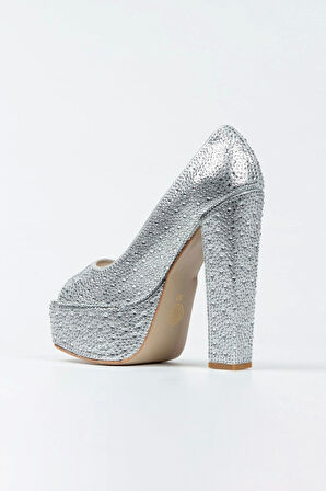 Kadın Moda Şık Gümüş Sultan Taşlı Klasik Köşe Kalıplı Kalın Düğün Nişan Gece Abiye Ayakkabısı