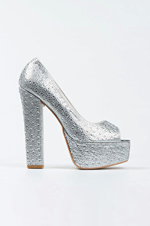 Kadın Moda Şık Gümüş Sultan Taşlı Klasik Köşe Kalıplı Kalın Düğün Nişan Gece Abiye Ayakkabısı