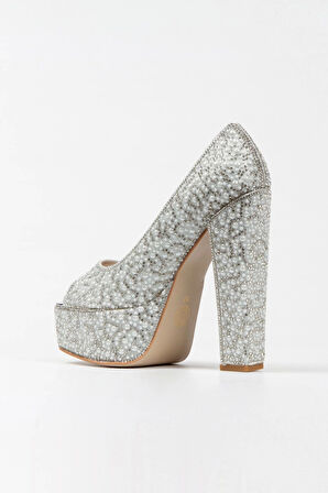 Kadın Moda Gold Sultan Full Inci Taşlı Klasik Köşe Kalıplı Kalın Düğün Nişan Gece Abiye Ayakkabısı