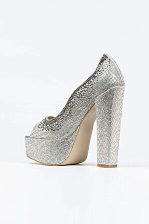 Kadın Moda Gold Sultan Çift Renk Taşlı Klasik Köşe Kalıplı Kalın Düğün Nişan Gece Abiye Ayakkabısı