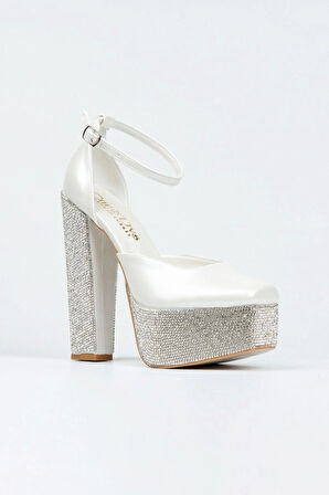 Kadın Moda Sedef Cilt Ökçe Poli Taşlı Klasik Köşe Kalıplı Kalın Düğün Nişan Gece Abiye Ayakkabısı