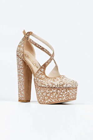 Kadın Moda Gümüş Ayna Full Inci Taşlı Klasik Köşe Kalıplı Kalın Düğün Nişan Gece Abiye Ayakkabısı