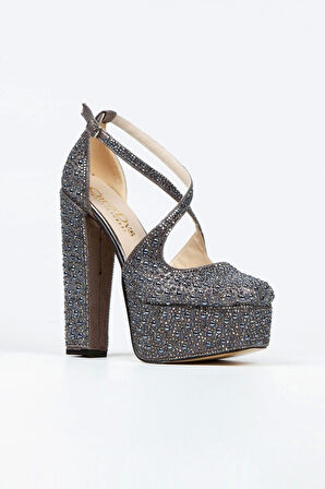 Kadın Moda Gümüş Ayna Full Inci Taşlı Klasik Köşe Kalıplı Kalın Düğün Nişan Gece Abiye Ayakkabısı