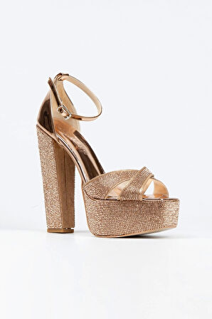 Kadın Moda Şık Platin Ayna Full Taş Klasik Köşe Kalıplı Kalın Düğün Nişan Gece Abiye Ayakkabısı