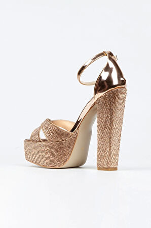 Kadın Moda Şık Platin Ayna Full Taş Klasik Köşe Kalıplı Kalın Düğün Nişan Gece Abiye Ayakkabısı