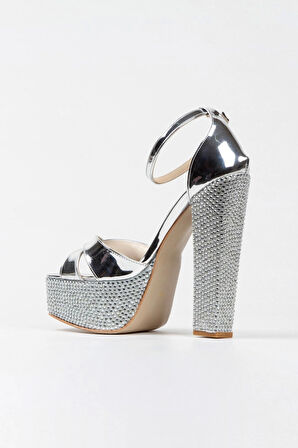 Kadın Moda Şık Gümüş Ayna Ökçe Poli Taşklasik Köşe Kalıplı Kalın Düğün Nişan Gece Abiye Ayakkabısı