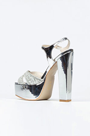 Kadın Moda Şık Gümüş Ayna Yüz Inci Taşlı Klasik Köşe Kalıplı Kalın Düğün Nişan Gece Abiye Ayakkabısı