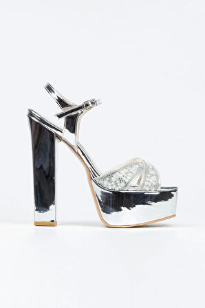 Kadın Moda Şık Gümüş Ayna Yüz Inci Taşlı Klasik Köşe Kalıplı Kalın Düğün Nişan Gece Abiye Ayakkabısı