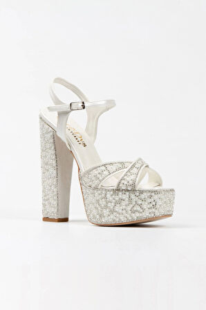 Kadın Moda Platin Ayna Full Inci Taşlı Klasik Köşe Kalıplı Kalın Düğün Nişan Gece Abiye Ayakkabısı