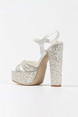 Kadın Moda Platin Ayna Full Inci Taşlı Klasik Köşe Kalıplı Kalın Düğün Nişan Gece Abiye Ayakkabısı