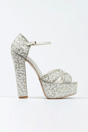 Kadın Moda Gümüş Sultan Full Inci Taşlı Klasik Köşe Kalıplı Kalın Düğün Nişan Gece Abiye Ayakkabısı