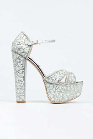 Kadın Moda Gümüş Sultan Full Inci Taşlı Klasik Köşe Kalıplı Kalın Düğün Nişan Gece Abiye Ayakkabısı