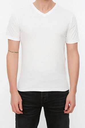 Yeni Sezon Slim %100 Pamuk V Yaka Kısa Kol Düz Desenli Günlük T-Shirt